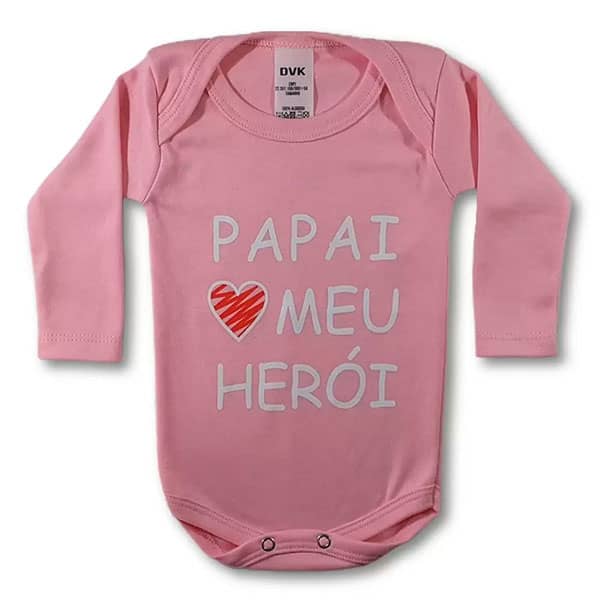 Body Bebê Personalizado Frase Papai meu Herói Rosa Manga Longa