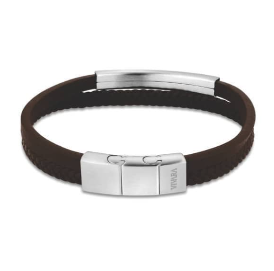 Bracelete Masculino de Couro Marrom e Aço
