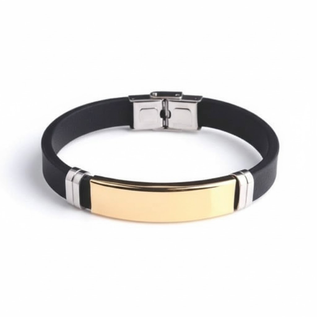 Bracelete em Metal e Couro Preto Personalizado