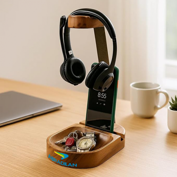 Suporte para Fones com Base em Madeira Personalizado