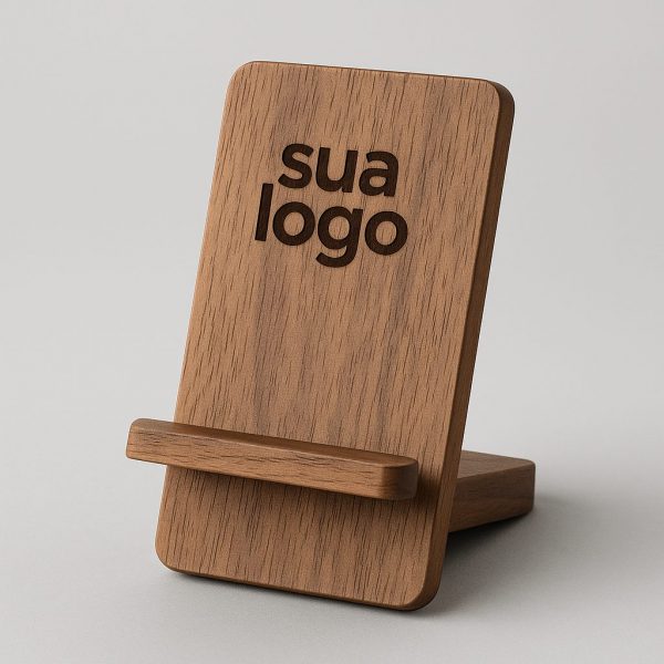 Suporte de Smartphone em Madeira Premium com Logo Gravado