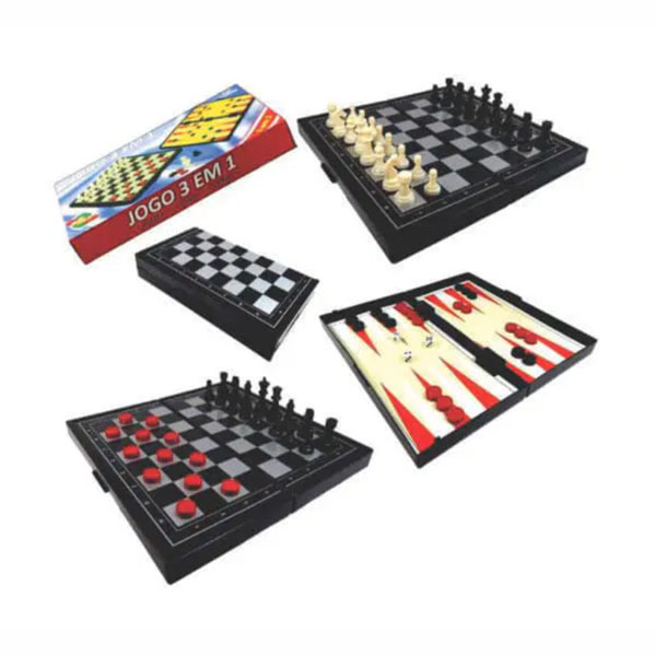 Jogo de Tabuleiro 3 em 1 Xadrez, Dama e Gamão Pequeno