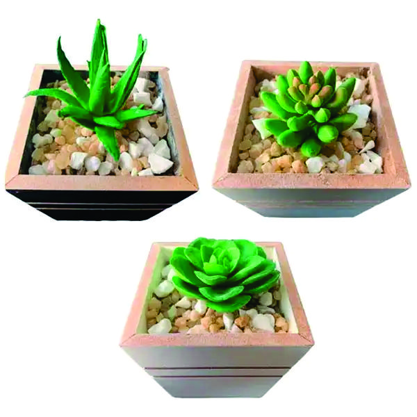 Kit 3 Vasinhos Mdf Suculenta Artificial Pedrinha Decorativo